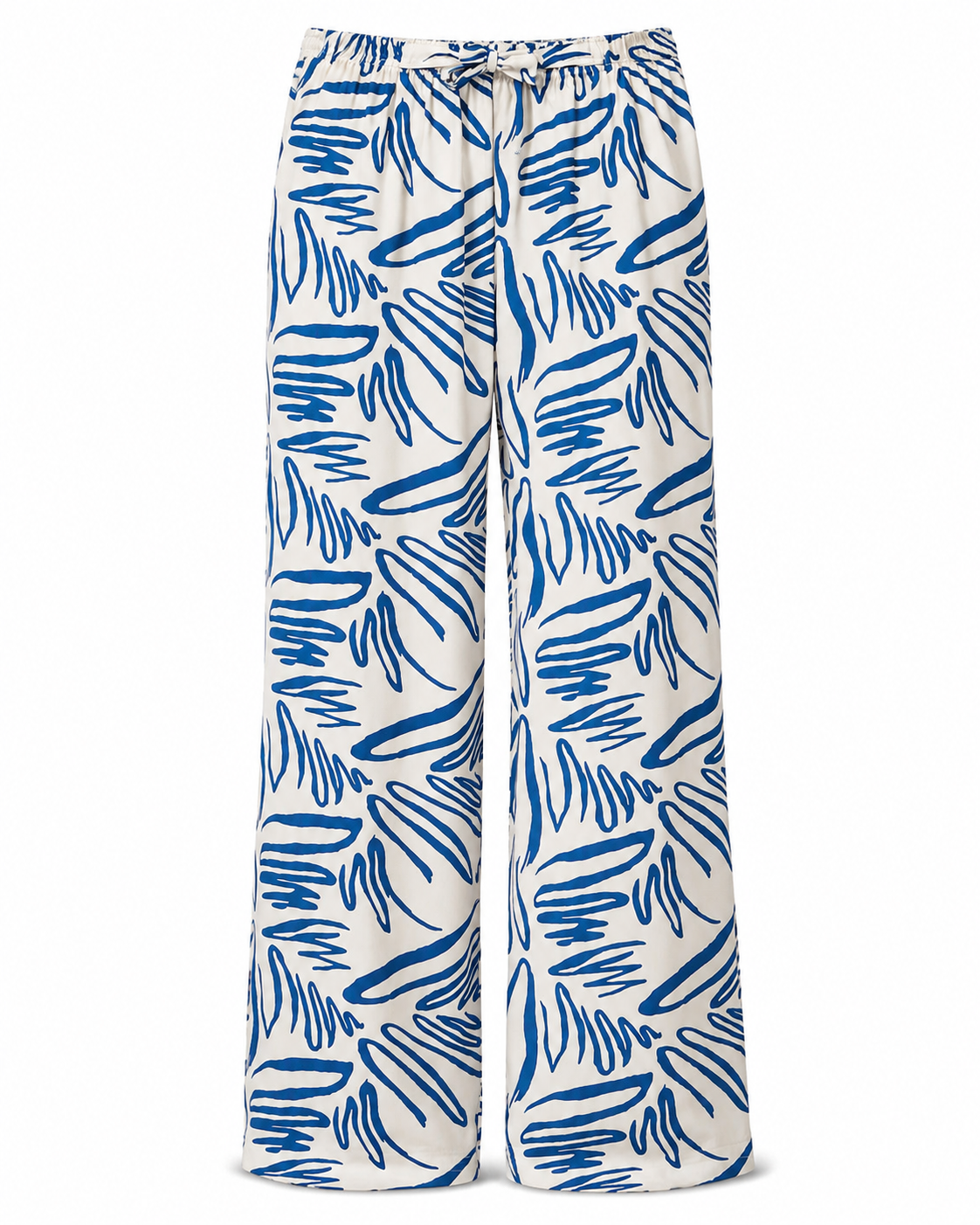 Women’s Trendyol White Blue Abstract Wide Leg Pants – Viscose Drawstring Palazzo Pants