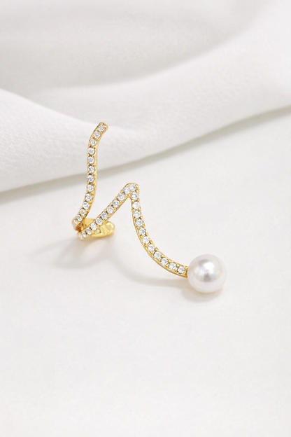 Gold Rhinestone Wave Ear Cuff with Pearl for Women – Elegant Statement Ear Wrap Earring – Shein Style