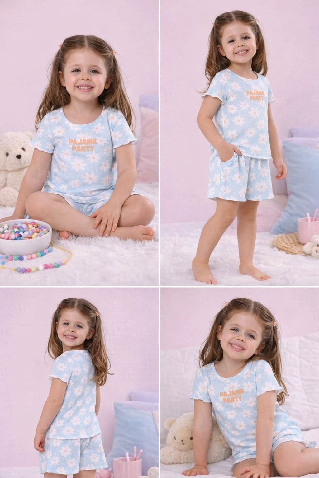 SUMWON Girls Soft Floral Pajama Short Set – Light Blue Ribbed Cotton Summer Sleepwear