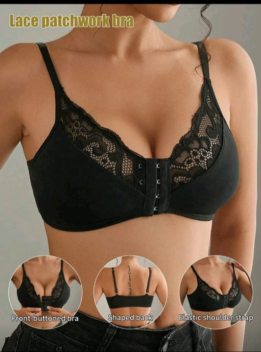 Black Lace Patchwork Front Closure Bra with Adjustable Straps