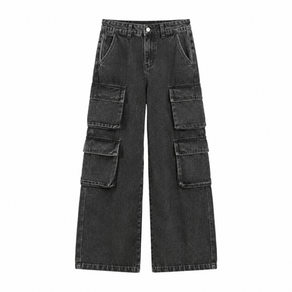 SHEIN Girls Black Wide Leg Cargo Jeans – Washed Denim Multi Pocket Pants, SHEIN Fast Delivery in 5 Days