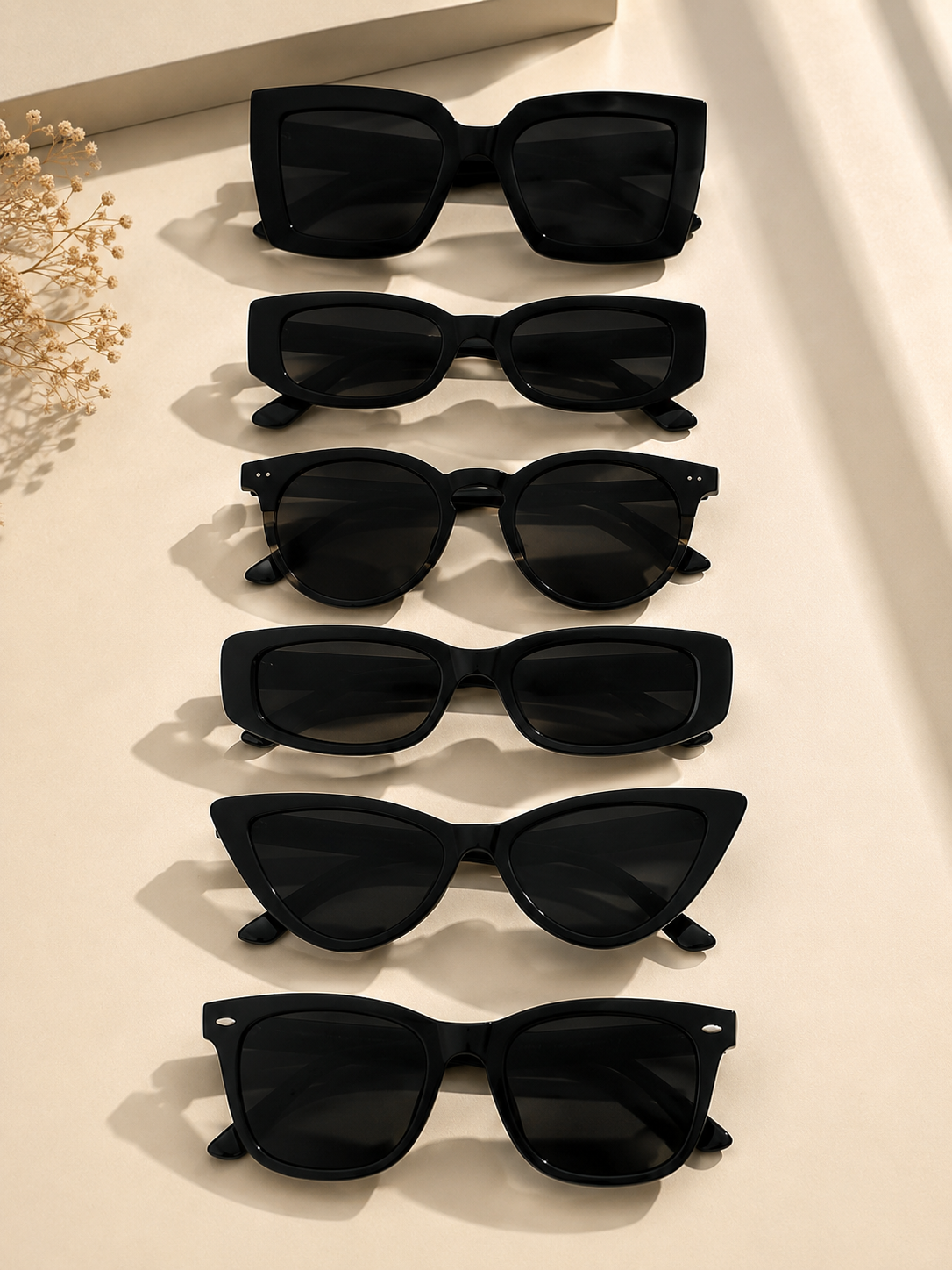 Black Fashion Sunglasses Collection for Women, Mixed Rectangle Cat Eye and Square Frame Styles