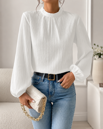 Women’s Pleated High Neck Blouse – Long Sleeve Elegant Top with Balloon Sleeves