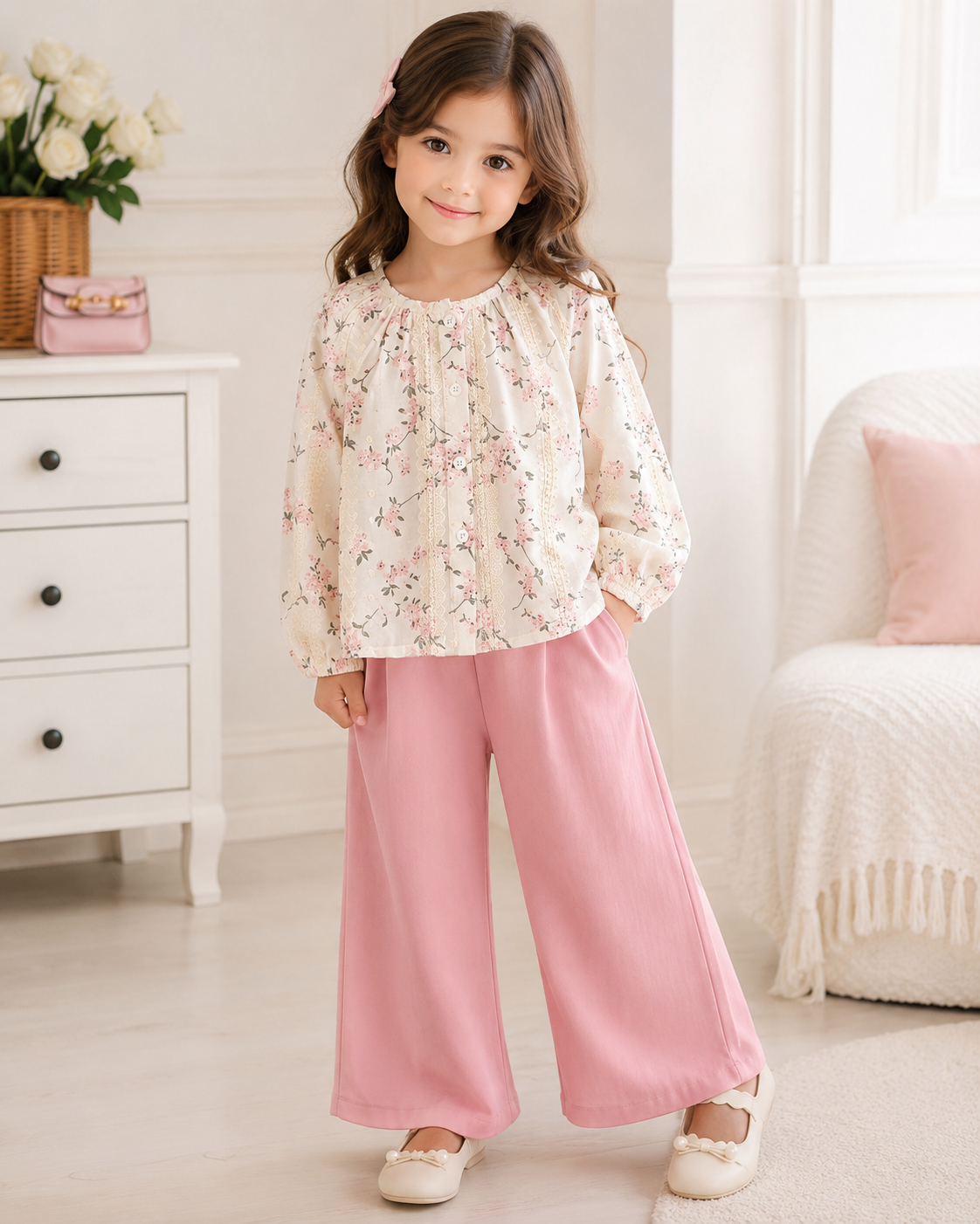 Baby Girls’ Pink Floral Two Piece Set – Long Sleeve Blouse and Wide Leg Pants