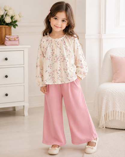 Baby Girls’ Pink Floral Two Piece Set – Long Sleeve Blouse and Wide Leg Pants