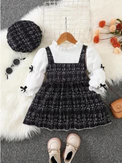Girls 3-Piece Tweed Dress Set – Plaid Pinafore Dress with White Ruffle Top and Matching Beret