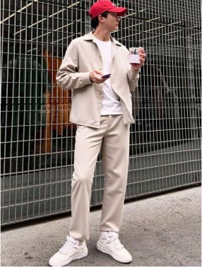 Men’s Beige Casual Two Piece Set – Relaxed Shirt and Straight Leg Pants Outfit