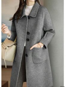Women’s Gray Single-Breasted Long Wool-Blend Coat – Classic Mid-Length Winter Overcoat with Pockets