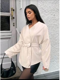 Women’s Apricot Wrap Front Wool-Feel Jacket – Belted Kimono Coat – Minimalist Loose Fit Outerwear – Elegant Casual Layer