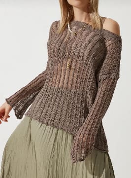 Women’s Mocha Open Knit Off-Shoulder Sweater – Lightweight Hollow Out Bell Sleeve Top