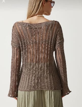 Women’s Mocha Open Knit Off-Shoulder Sweater – Lightweight Hollow Out Bell Sleeve Top