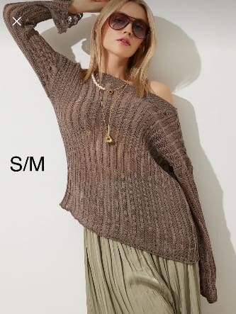 Women’s Mocha Open Knit Off-Shoulder Sweater – Lightweight Hollow Out Bell Sleeve Top