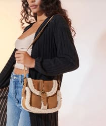 Women’s Brown Faux Suede Shearling Trim Crossbody Bag – Vintage Buckle Flap Shoulder Bag