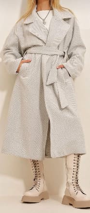 Light Grey Belted Long Coat – Oversized Winter Wrap Coat – Elegant Lapel Outerwear – Soft Textured Finish