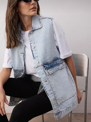 Light Wash Longline Sleeveless Denim Vest – Women’s Casual Button Front Layering Jacket