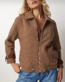 Brown Teddy Fleece Zip-Up Jacket – Women’s Casual Cozy Winter Outerwear with Contrast Trim