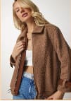 Brown Teddy Fleece Zip-Up Jacket – Women’s Casual Cozy Winter Outerwear with Contrast Trim