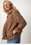Brown Teddy Fleece Zip-Up Jacket – Women’s Casual Cozy Winter Outerwear with Contrast Trim