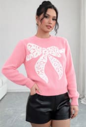Pink Bow Pattern Knit Sweater – Long Sleeve Cute Winter Pullover for Women