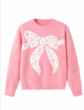 Pink Bow Pattern Knit Sweater – Long Sleeve Cute Winter Pullover for Women