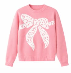 Pink Bow Pattern Knit Sweater – Long Sleeve Cute Winter Pullover for Women