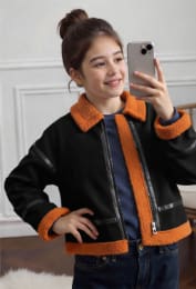 Girls Faux Leather Teddy Trim Jacket – Black & Camel Zip-Up Winter Coat – Warm Casual Outerwear