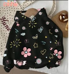 Girls Black Cartoon Print Hoodie – Cute Floral & Heart Long Sleeve Hooded Sweatshirt