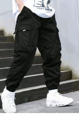Teen Boys Black Cargo Jogger Pants – Casual Streetwear Multi Pocket Trousers