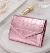 Metallic Croc Embossed Mini Wallet – Rose Pink Foldable Card Holder – Compact Coin Purse – Chic Glossy Finish