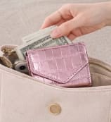 Metallic Croc Embossed Mini Wallet – Rose Pink Foldable Card Holder – Compact Coin Purse – Chic Glossy Finish