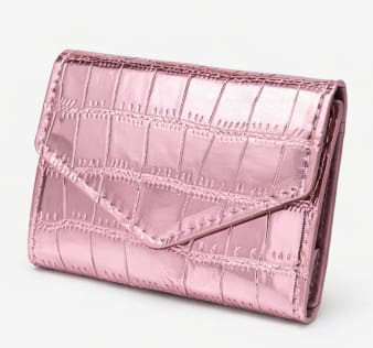 Metallic Croc Embossed Mini Wallet – Rose Pink Foldable Card Holder – Compact Coin Purse – Chic Glossy Finish