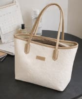 Embossed Pattern Large Tote Bag – Cream & Beige Shoulder Handbag – Everyday Carryall – Minimal Chic Style