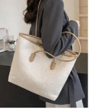 Embossed Pattern Large Tote Bag – Cream & Beige Shoulder Handbag – Everyday Carryall – Minimal Chic Style