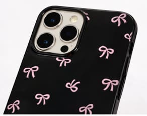 Pink Bow Glossy Phone Case for iPhone 12 Pro Max – Black Protective Cover – Cute Girly Aesthetic Design