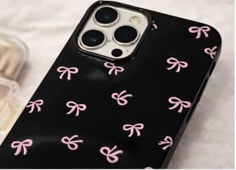 Pink Bow Glossy Phone Case for iPhone 12 Pro Max – Black Protective Cover – Cute Girly Aesthetic Design