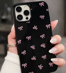 Pink Bow Glossy Phone Case for iPhone 12 Pro Max – Black Protective Cover – Cute Girly Aesthetic Design