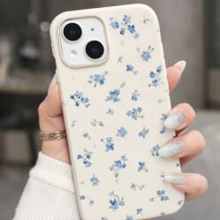 Floral Leather Texture Phone Case for iPhone 16 – Cream Protective Cover – Blue Flower Aesthetic Design