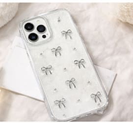 Clear Glitter Bow Phone Case for iPhone 12 Pro Max – Transparent Cute Protective Cover – Silver Ribbon Design