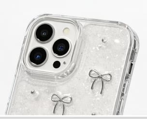Clear Glitter Bow Phone Case for iPhone 12 Pro Max – Transparent Cute Protective Cover – Silver Ribbon Design