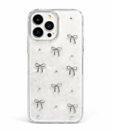 Clear Glitter Bow Phone Case for iPhone 12 Pro Max – Transparent Cute Protective Cover – Silver Ribbon Design