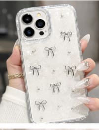 Clear Glitter Bow Phone Case for iPhone 12 Pro Max – Transparent Cute Protective Cover – Silver Ribbon Design