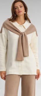 Women’s Knit Two Piece Set – Longline Button Top with Shoulder Tie Detail and Wide Leg Pants