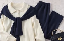 Women’s Knit Two Piece Set – Longline Button Top with Shoulder Tie Detail and Wide Leg Pants