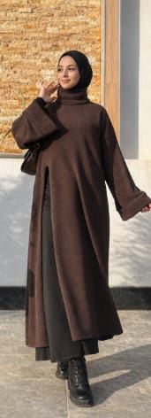 Dark Brown Oversized Turtleneck Knit Maxi Tunic – Modest Winter Long Sweater for Women – Cozy Wide Sleeve Casual Layering Top