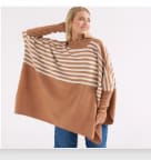 Camel & Cream Striped Oversized Knit Poncho Sweater – Batwing Long Sleeve Asymmetrical Winter Pullover for Women