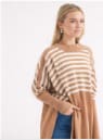 Camel & Cream Striped Oversized Knit Poncho Sweater – Batwing Long Sleeve Asymmetrical Winter Pullover for Women