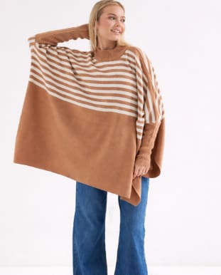 Camel & Cream Striped Oversized Knit Poncho Sweater – Batwing Long Sleeve Asymmetrical Winter Pullover for Women