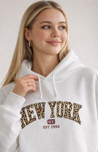 White New York Leopard Print Hoodie – Oversized Casual Winter Sweatshirt for Women