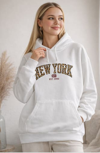White New York Leopard Print Hoodie – Oversized Casual Winter Sweatshirt for Women