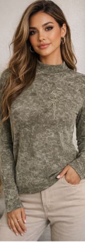 Women’s Acid Wash Embroidered Rose High Neck Top – Soft Stretch Casual Long Sleeve Tee